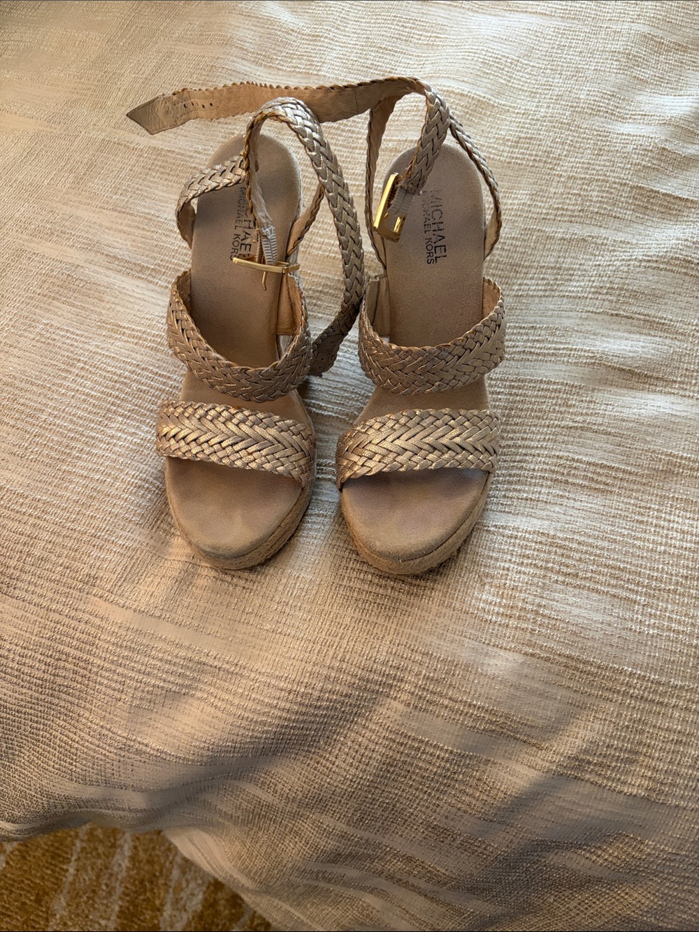Michael Kors Tan Braided Wedge Sandals with Ankle Strap